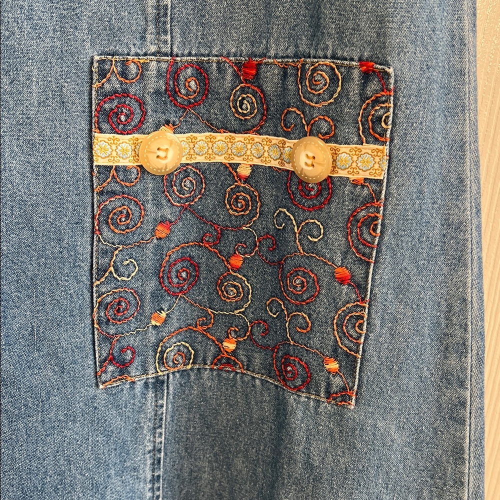 Vintage 90s denim maxi dress beads embroidery art teacher Phoebe Buffay Medium - Picture 5 of 7